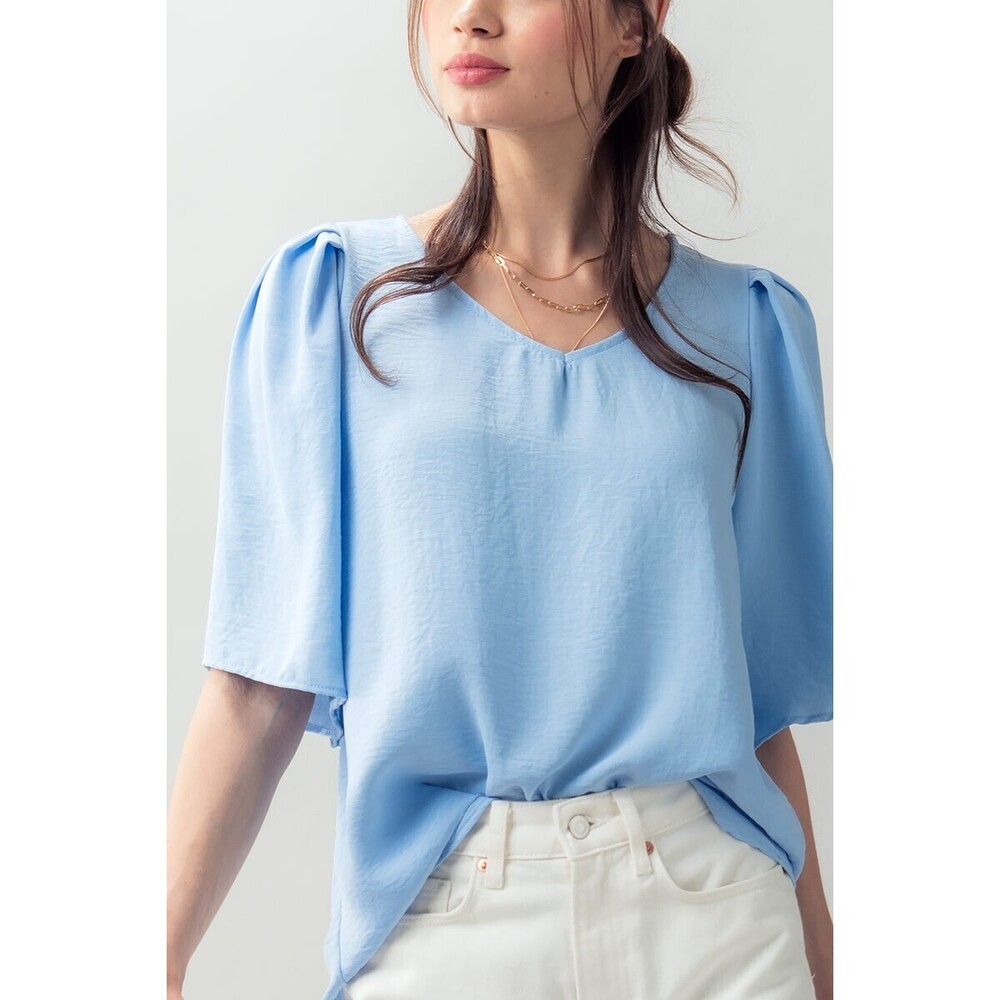 TNTP2301 BLUE Urban Daisy Relaxed Pleated Sleeve V-Neck Blouse Top Various Sizes